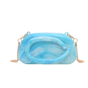 Fashionable blue marble acrylic shell bag with golden metal chain strap for women