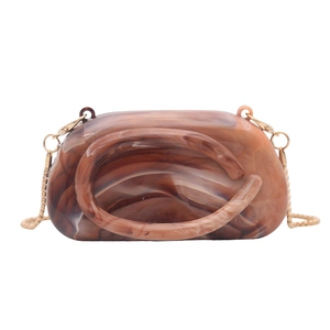 Brown marble resin box bag with acrylic handle and elegant gold chain shoulder strap