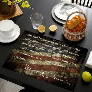 Independence Day placemat with US flag, Mark Twain quote on rustic linen table mat