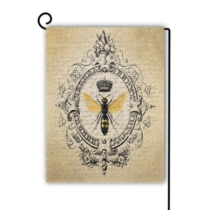 Detail of vintage bee garden flag with crown design and black metal hanging stand