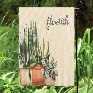 Bandiera da giardino bifacciale con piante verdi e testo Flourish su tela grezza