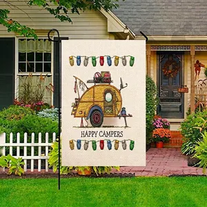 Double-sided Happy Campers linen garden flag with vintage RV design and black metal pole