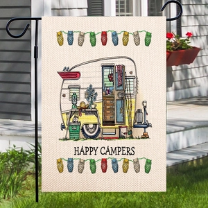 Double sided garden flag featuring a vintage camper and Happy Campers slogan in linen texture