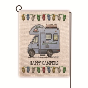 Close-up of linen garden flag with blue camper van design and Happy Campers text