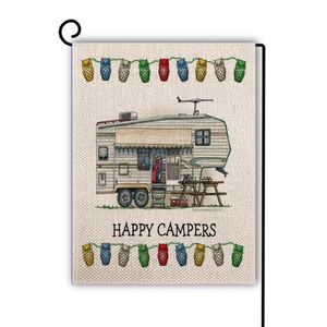 Detail of linen garden flag with Happy Campers text and retro RV owl illustration