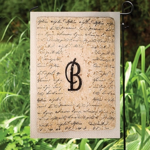 Bandiera da giardino vintage in lino con lettera B nera e supporto in metallo