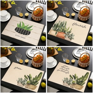 Linen Green Plant Printed Placemat Heat Resistant Rectangular Table Mat For Kitchen Dining Room Home Decoration