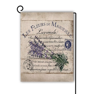Λεπτομέρεια vintage σημαίας κήπου με λεβάντα και ρουστίκ υφή από λινάτσα υψηλής ποιότητας