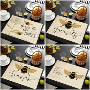 Summer Bee Pattern Linen Placemat Heat Resistant Washable Table Mat Bee Kind Happy Yourself Floral Printed Decor For Kitchen Dining