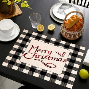 Tovaglietta natalizia in lino con bordo a quadretti e design renna Merry Christmas