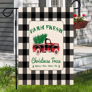 Drapeau de jardin de Noël double face avec camion vintage et bordure à carreaux sur support