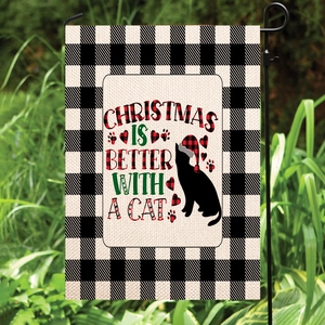 Drapeau de jardin de Noël double face avec chat noir et motif à carreaux buffalo