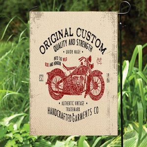 Vintage American motorcycle double-sided garden flag with rustic linen texture and stand