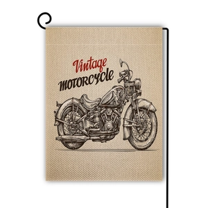 Close-up of linen garden flag with vintage motorcycle print and black metal hook
