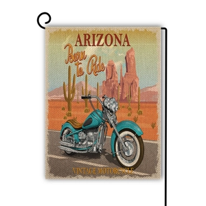 Detail of vintage Arizona motorcycle garden flag showing linen texture and desert print
