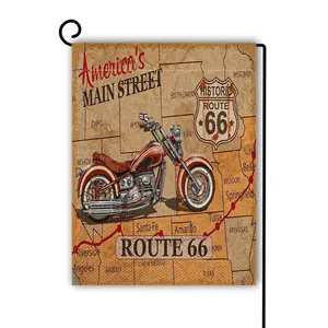 Detail of vintage Route 66 garden flag with motorcycle design on durable linen fabric