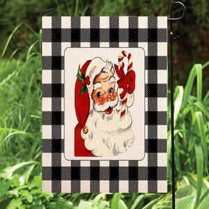 Bandiera da giardino natalizia con Babbo Natale e bordo a quadri su supporto