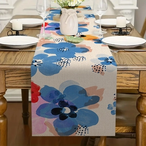 Runner da tavola in lino con stampa floreale blu e stile artistico dipinto a mano