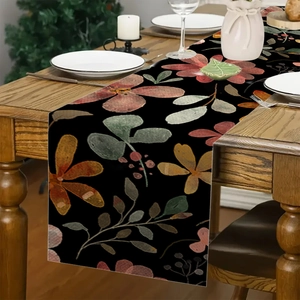 Linnen tafelloper met herfstbloemenpatronen op zwarte achtergrond voor interieur