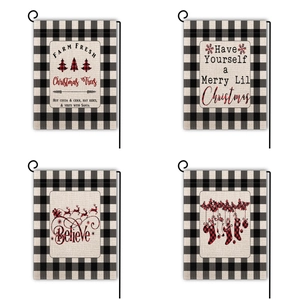Double Sided Christmas Garden Flag Buffalo Plaid Linen Outdoor Yard Decor Christmas Tree Reindeer Ornament Festive Holiday Flag
