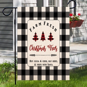Christmas garden flag with three plaid trees and farm fresh text on a burlap background