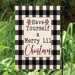Christmas garden flag with Buffalo Plaid border and festive Merry Christmas text