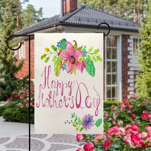 Double-sided Happy Mother's Day garden flag with floral design on linen and metal stand