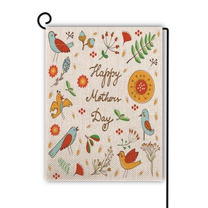 Detail of Happy Mother's Day linen garden flag with colorful birds on a metal stand