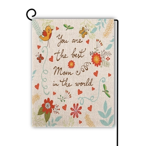 Detail of linen garden flag with You are the best Mom in the world text and black metal stand