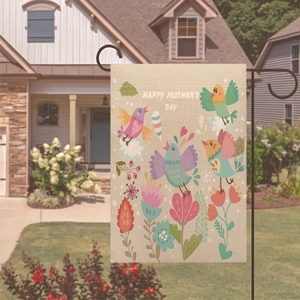 Mother's Day linen garden flag with colorful birds and flowers on a metal L-shaped stand