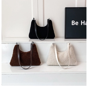 Detailed comparison of three plush fleece shoulder bags in black, brown, and off-white colors