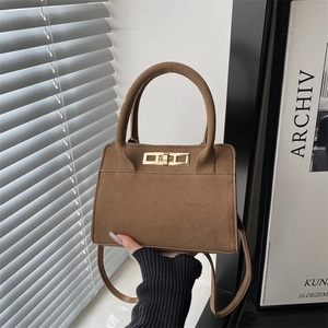 Women's Vintage Suede Texture Handbag Minimalist Frosted Crossbody Bag With Top Handle Gold Metal Turn-Lock Small Shoulder Bag