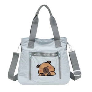 Cute capybara print light blue nylon tote bag with adjustable strap and handles