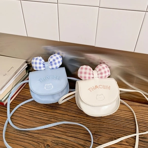 Kids Cute Cartoon Cat Mini Crossbody Bag Girls PU Leather Plaid Bow Small Coin Purse Shoulder Bag Daily Fashion Bag