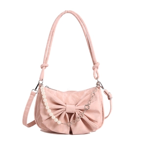 Borsa a tracolla con fiocco rosa e cinturino in perle con accenti metallici floreali