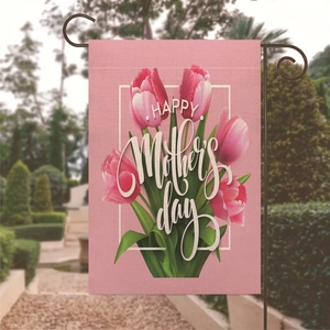 Double-sided Happy Mother's Day garden flag with pink tulips on linen fabric and metal stand