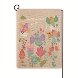Detail of linen Mother's Day garden flag with birds, flowers and Happy Mother's Day text