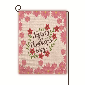 Close-up of Mother's Day garden flag with floral design and metal stand on white background