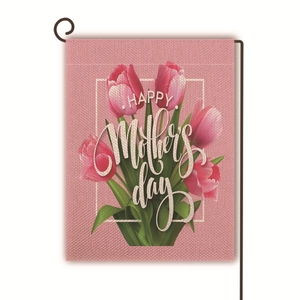 Detailed texture of pink linen Mother's Day garden flag with tulip and happy day text