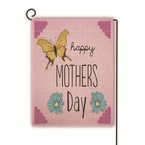Dettaglio della bandiera da giardino in lino bifacciale con stampa Happy Mother's Day e farfalla