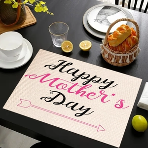 Close-up of Happy Mother's Day linen placemat with rustic woven texture on dining table