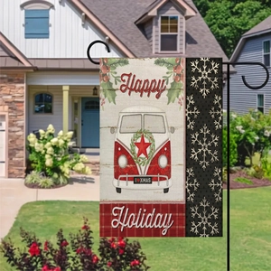 Bandiera da giardino natalizia con bus rosso vintage e scritta Happy Holiday decoro
