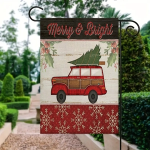 Bandiera da giardino natalizia con camion rosso e scritta Merry & Bright su lino