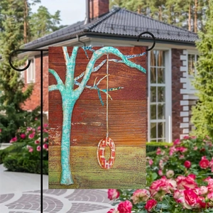 Bandiera da giardino bifacciale in lino con albero astratto su supporto metallico