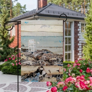 Bandiera da giardino in lino bifacciale con scena marina e supporto in metallo nero
