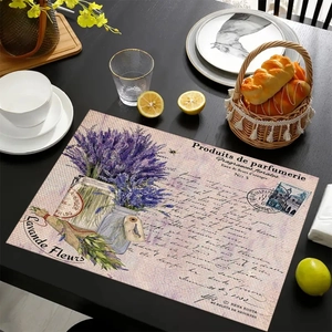Linen placemat featuring lavender bouquet and retro pharmacy bottle print design