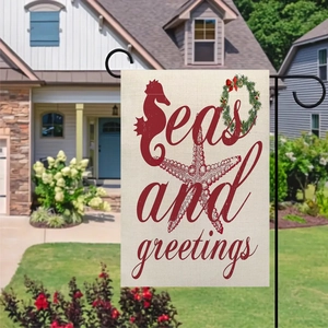Outdoor linen Christmas garden flag with Seas and Greetings text and seahorse design