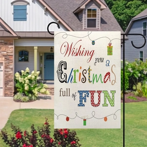 Bandiera da giardino con auguri di Natale e regali su tessuto di lino testurizzato