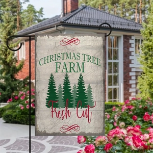 Christmas Tree Farm double-sided garden flag with vintage wood grain border decor