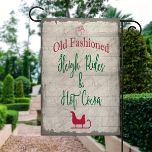 Christmas garden flag with vintage sleigh rides design on black metal hanging stand